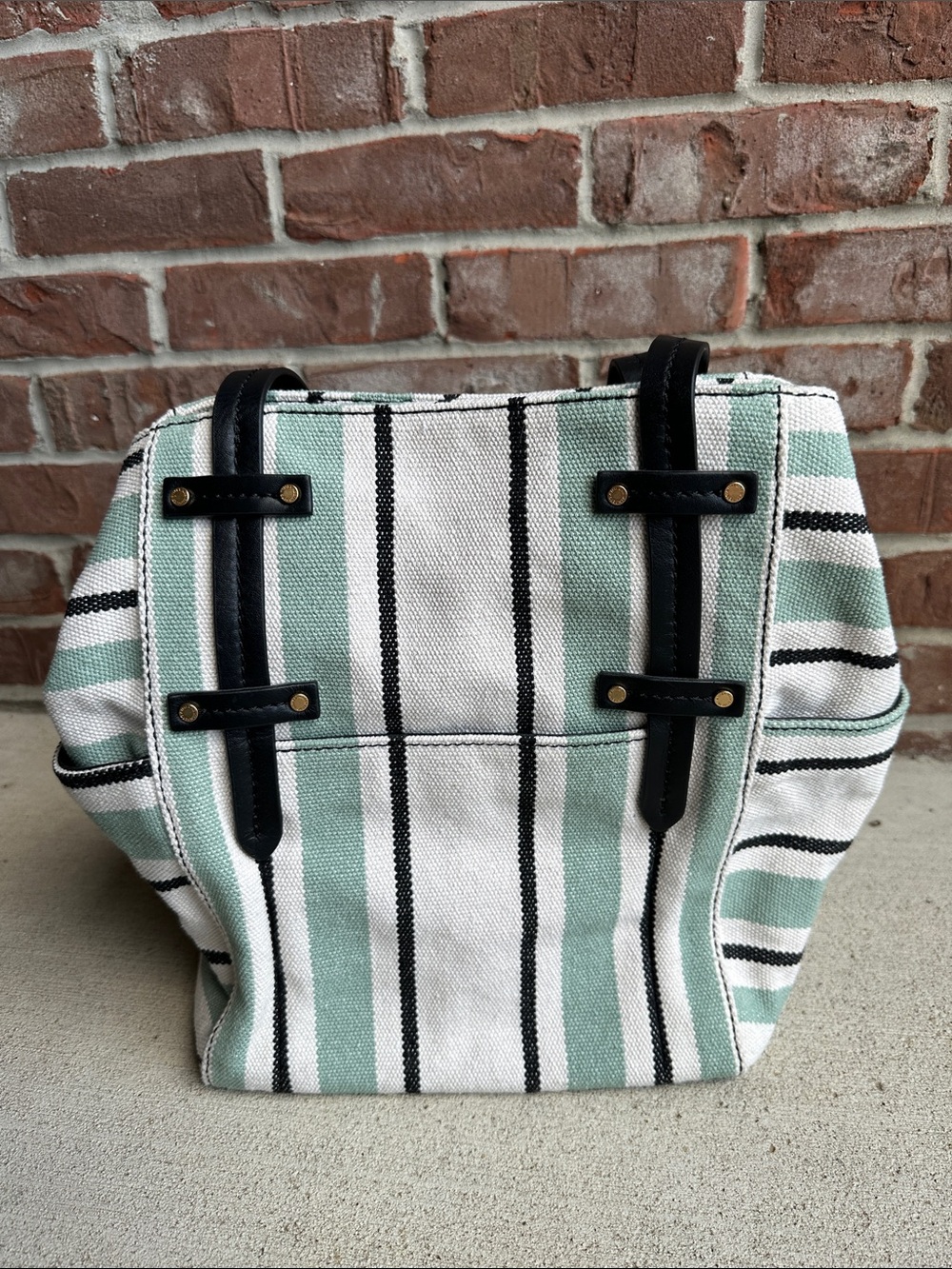 Striped Canvas Tote Bag with Black Trim - Mint and White